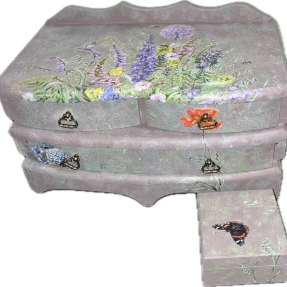 Faux Stone Finish Floral Jewelry Box with Bonus Trinket Box